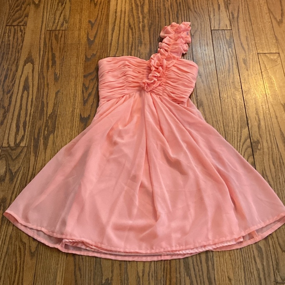 Orange and Pink Asymmetrical Ruched Ruffled Dress